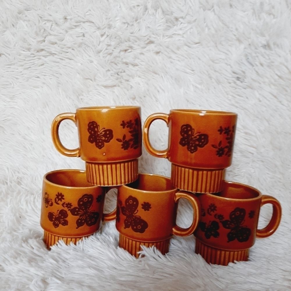 5 vintage brown butterfly stackable coffee cups